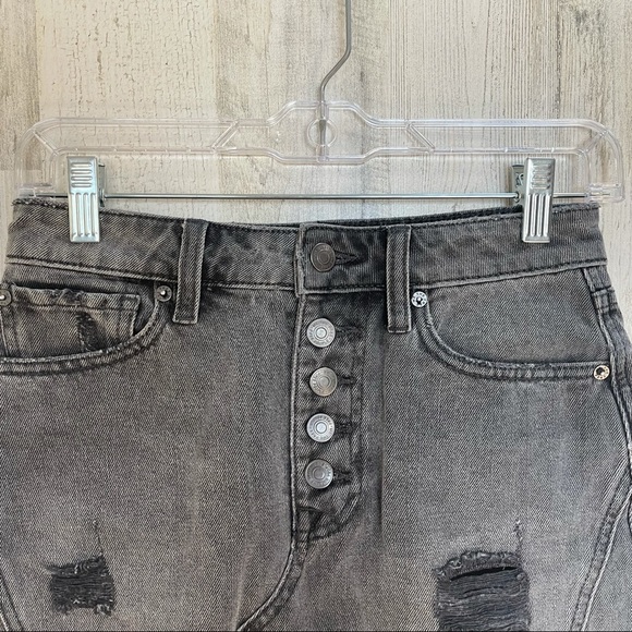 Free People We The Free Faded Black Distressed Button Fly Denim Skirt Size 24 - Picture 4 of 9
